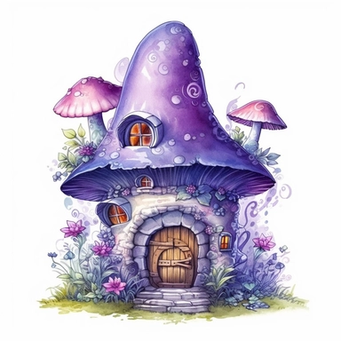 Watercolor Fairy House. A charming purple fairy house nestled amidst flowers and mushrooms, with twinkling lights and an inviting entrance, isolated on a white background with a wide margin Sublimation Clipart,hyper realistic, intricate detail, illustration style,high solution,on the white background