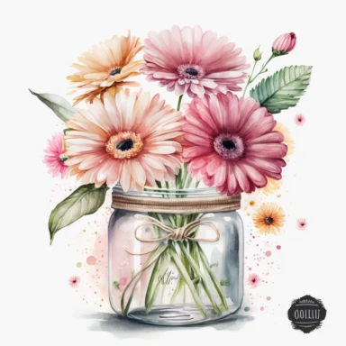 watercolor Pink Gerbera Clipart Pink Gerbera floral bouquet in the jar, white background, no text