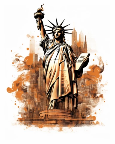 promotional print for the city of New York depicting the essence of the USA soul, The Statue of Liberty inspirational mood, dreamlike and surrealist interpretation, inspired by line art in brown color, clipart, on white background