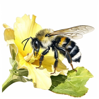 watercolor, white background, no text, clipart of a bee diligently cleaning itself while showcasing the pollen it has collected from flowers. The bee is portrayed in meticulous detail, with its furry body shimmering in hues of yellow and black. The bee is depicted perched on a leaf or flower, focused on its grooming routine. Its delicate legs and antennae are meticulously groomed, removing any dust or debris. The bee's tongue, or proboscis, can be seen partially extended, indicating its engageme
