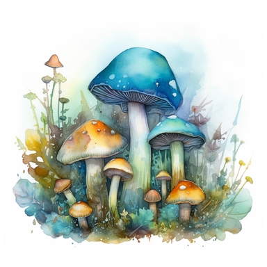 watercolor, hyper realistic, white background, white margins, 16k, ultra detailed clipart, cut out image, hand-drawn illustration style for picture books A group of magical, glowing mushrooms in shades of blue, green, and yellow, fantasy setting