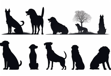 black dog silhouettes cliparts on white background, in the style of françoise basset, mary beale, animated gifs, petcore, boris kustodiev