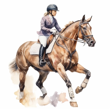 close up view of realistic watercolor drawing of an equestrian on a horse stable, on a white background where the background will be removed to repurpose as a clipart.