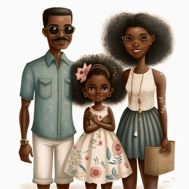 Happy Black Girl and her mom and dad Smiling at the beach ib sag harbor art,black girlsclipart, Funny black girl , Cheerful african american girl child png, clipart, afro ,Full body with legs , Cottage core , preppy , Highly detailed close-up portrait , standing , Nicoletta Ceccoli, Mark Ryden, lostfish, Earl Nor, global lighting, divine rays, detailed and intricate surroundings, sf, intricate artwork masterpiece, ominous, matte painting movie poster, blue ratio, trending on cgsociety, intricate