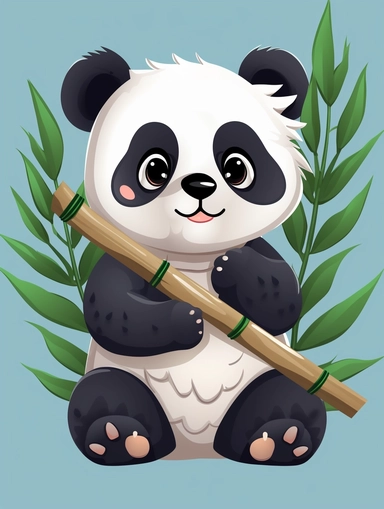 panda cute holding bamboo, vector, png, clipart, 2D, poster art, blue background,