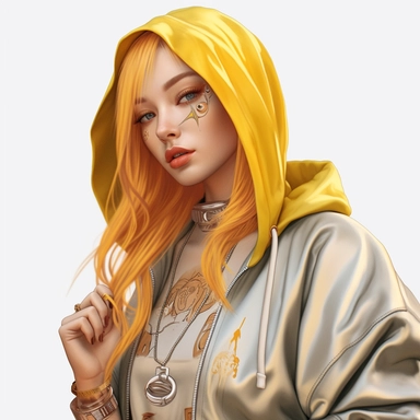 asian girl aesthetics, clipart, high detail, sweet and innocent, Large hoop earrings, yellow hair, Tattoos (dragons), long lashes, Coffin nails, Tube tops, Baggy sweatpants, Shiny lipstick, Digital Art, Color Grading, Full-HD, OpenGL-Shaders, white background