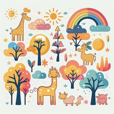 Simple vector drawing of giraffes, rainbow trees, suns, clouds, clipart, basic shapes, solid colors, joyful, doodle, sticker design, icons lineart white background