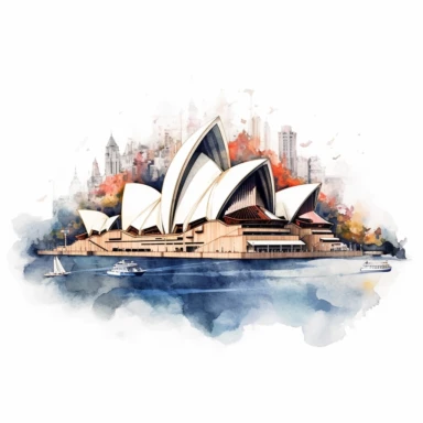 A clipart of the Sydney Opera House with the harbor in the background, crafted in watercolor style, all on a white background.