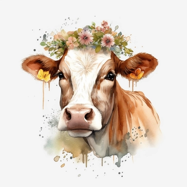stunning, beautiful and happy cow by Beatrix Potter, Watercolor clipart, single design, print on demand image, sublimation, PNG transparent background, white background, 8k