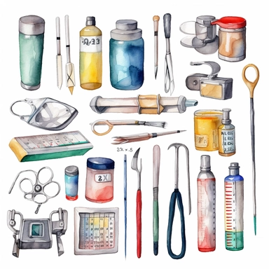 watercolor doctor related scenes and medical devices or tools , illustrations clipart set, simple, , cartoon elements ,different variants , glucometer, insulin syringe, nurse, doctor, stethtescope, weighing scale, tweezers, microscope, ambulance, , separate elements with a margin, ,4k, high resolution