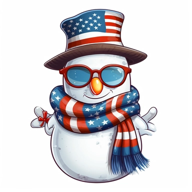 Sticker, American flag with snowman scarf and sunglasses Sublimation Clipart, Cartoon funny, Cute anime, Very detailed, white background