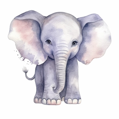 A delightful and charming watercolor clipart of an adorable baby elephant, designed for commercial use. This heartwarming composition captures the innocent charm of the African Safari Zoo animal, set against a crisp white background that accentuates its delicate watercolor textures and playful features. The baby elephant, with its gentle eyes and playful trunk, is skillfully painted in a soothing palette of grays and pastels, encapsulating the essence of nursery-themed art. The clipart emphasize