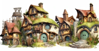 Adorable hobbit houses, clipart, vivid colours, ornamental watercolor, white background, I can’t believe how beautiful this is
