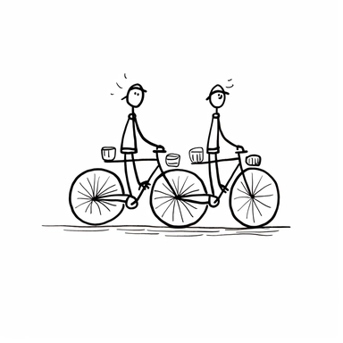 vector clipart style 2 line drawn stick figures riding a bicycle simple on an isolated white background