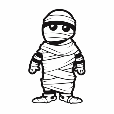 black and white silhouette of a halloween cartoon mummy, clipart style, white background, thick lines, vector, simple design, flat colour, solid colour