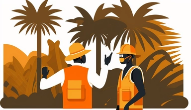 a supervisor pointing his finger to an indonesian palm oil plantation worker with construction hard hat and orange safety vest in a plantation , 2d clipart low detailed illustration, white background, miminalist, flat modern illustration