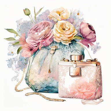 fashion composition with flowers, designer purse, designer parfum girly, lace, colorful, iridescent, elegant, glamor, sophisticated, atmosphere, white background, clipart