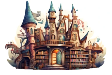 A vector clipart of a magical library in a fantasy village, filled with bookshelves, floating books, and mystical artifacts, in the style of enchanting and whimsical vectors, viewed from a studious angle, hd, spaced out, on a white background