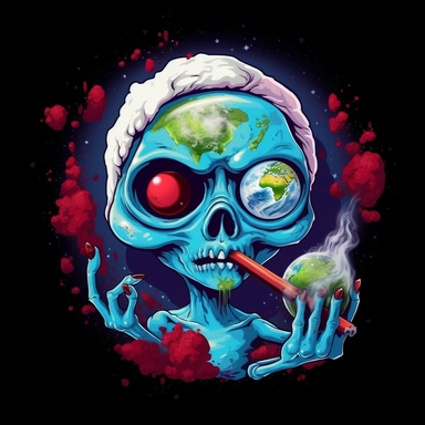 clipart , weed painting, bong, blunt, blue and white smoke background, in space, sitting on a planet, red eyes