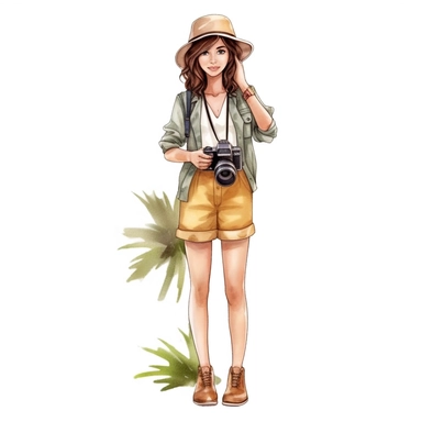 Cute adventurest female photographer with a camera, Cute and summer outfit, Watercolor style, clipart solid white background