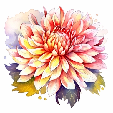 Watercolor snow white dahlia clipart on a white background in the style of feminine sticker art, Tanya Shatseva, storybook illustration, pure and pristine shades, Georgia O'Keeffe, flower and nature motifs, colored line art, colored outlines, cottagecore design, watercolor on white background, ombre, warm tones, colored line art, colored outlines, iridescent ombre, gradient shading, winter snow tone, vibrant digital art oil paint photorealism, an illustration of a colored flower, meticulous sket