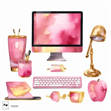 sweet pink and gold hand-painted in watercolors, iMac clipart,devices icon set, isolated white background, single design, sharp, bold , sweet pink, cream, gold, hand-painted watercolor
