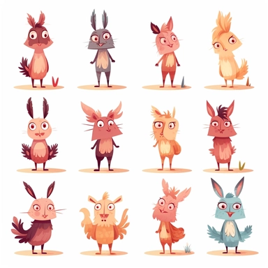 fred the baby llama, llama baby character, 12 poses and multiple expressions, pink fur, light brown skin, likes to chew grass, bipedal, children's book illustrative style clipart, flat colours, high resolution, consistent character, full colours,