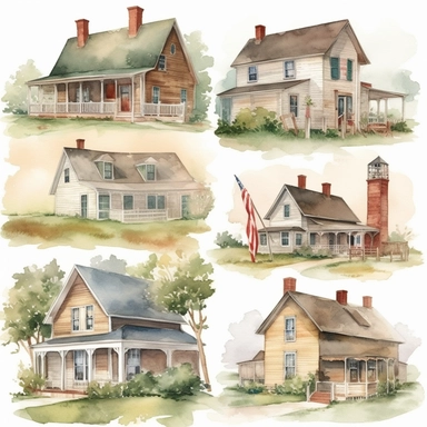 american Country HousesWatercolor clipart Pack, 8K, high resolution, high detail