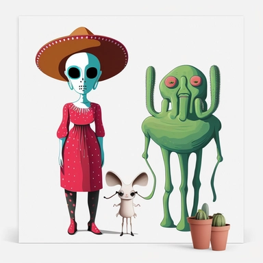 Boho style illustration, clipart, sublimation drawing Alien standing next to American Gothic characters by American artist Grant Wood Vibrant colorful colors on white empty background, 8k high quality, high quality detail
