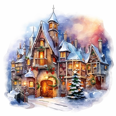 Christmas eve, style by Lucy Fleming, watercolor, smooth gradients, black contour outline, ultra detailed, clipart elements, vibrant colors, solid white background, super clear, high quality