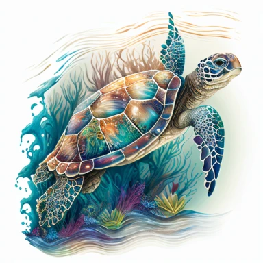 Create a serene and captivating clipart image of a majestic turtle, showcasing its grace and beauty. The artwork should be clean with a focus on the intricate details and soft blending of beautiful colors. The turtle should be depicted in a peaceful and calm manner, radiating a sense of tranquility. The colors chosen should be harmonious and visually pleasing, capturing the essence of the turtle's natural environment. The background should be white or transparent, allowing the turtle to be the m