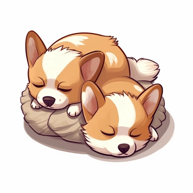isometric clipart, two baby corgi dogs sleeping, extremely cute, fluffy, big ears, line drawing, white background, smiling, ins style,