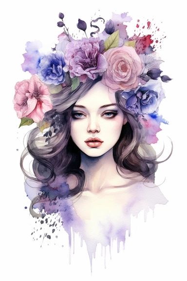 Clipart Young woman. In the style of fabulous qualities, lavender and rose, surrealism, delicate, whimsical composition, watercolor pencil and ink,
