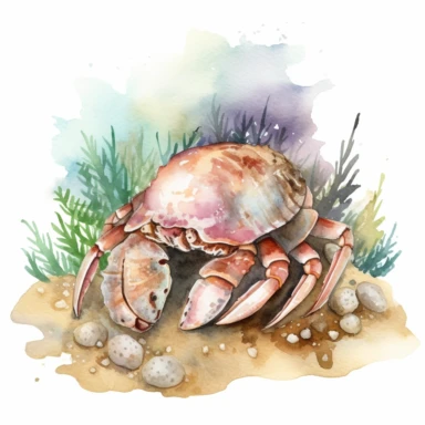 Watercolour clipart of Hermit crab crawling on the ocean floor, isolated.