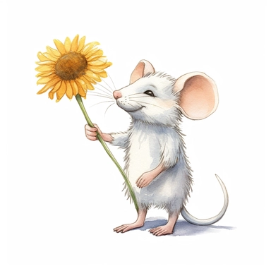 a cute mouse sniffing big daisy flower, full body, pencil and watercolor clipart style, cartoon style, super high quality, high resolution, isolated white background, 8k