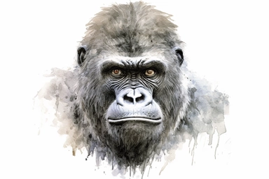 Clip art of Adult gorilla, face, simple, White margins around the image, drawn by Helen Beatrix Potter, easy to crop image, white background