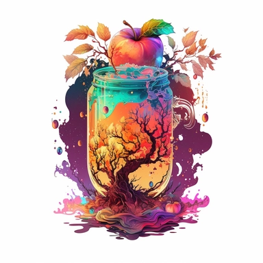 Boho style illustration, clipart, sublimation drawing Cosmic apple cider for alien. Bright colorful colors on a white background, high quality 8k, quality detail