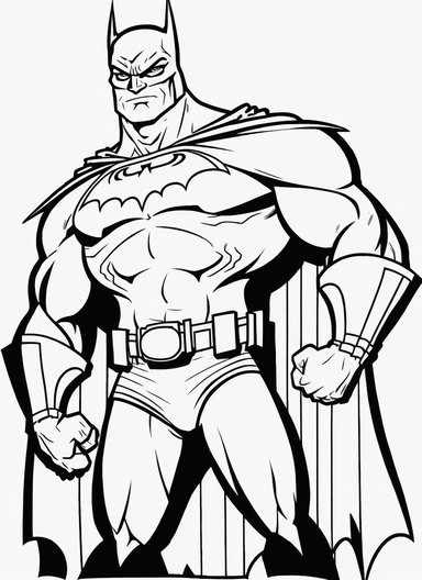 line art, black and white, batman, cartoon, sketch, coloring page for kids, coloring page for children, thick lines, realistic, drawing, printable outlined art, crisp lines, No background, clip art, hand drawn, No shadows, drawing, No gray, no shades, high contrast. The line art should be clean and crisp, with uniform thickness and minimal shading, to provide a user - friendly coloring experience.