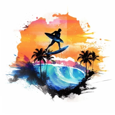 Miami beach Watercolor Ocean Man Surfing Big Wave With Dolphins Retro Sunset Clipart Colorful and white Background