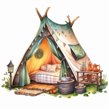 imagine adorable watercolor camping tent, handpaint, cartoon style, clipart, white background,