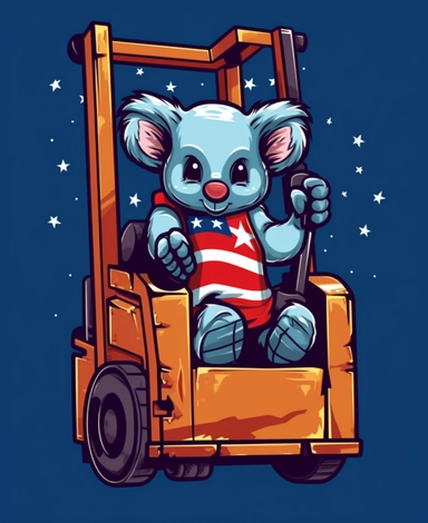Showcasing a cartoon koala as a forklift operator, with the design featuring patriotic elements and colors reminiscent of the United States flag. The overall design can appear polished and poignant, with the koala proudly operating the forklift, that can be used as a sticker, colorful, highly detailed, with a white background, in the style of Pixar clipart, and no cut off edges.