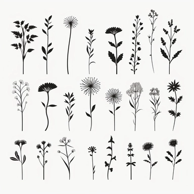 simple outline of wild flowers, kids cartoon, minimalist, black on white, lineart, silhouette, clipart, svg