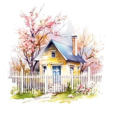 clipart, isolated on white background, beautiful cute Watercolor Spring Cottage - cute little house with fence and chimney, tree and flowers, ornated, pastel colors