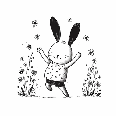 dancing [bunny] Cute Botanical Cartoon Animals, Midjourney Art, Digital Ai Art, Nursery Wall Art, Clipart, AI art, black line art minimalist, isolated on white background, black and white
