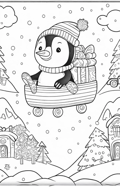 coloring book page for kids, cute whimsical penguin on a snow sled, sitting on top of a big Christmas present mountain, clipart, cartoon children's stylehand drawn line art, black and white