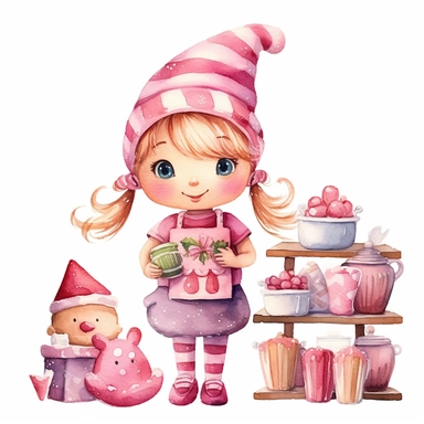 Cute christmas elf toy workshop pink watercolor clipart