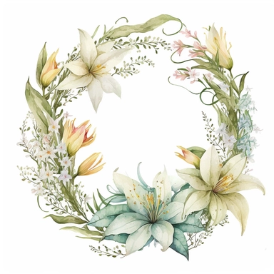 watercolor Easter Lily flowers wreath, Easter element, clipart, on white background