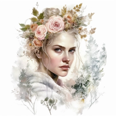 isolated on white illustration watercolor Biochromism art of a beautiful feminine woman, white and light pink roses and flowers, covered with snow and ice, a lot of moss and branches, cake, trees, lace and embroidery, masterpiece by Tomasz Alen Kopera style and by Carl Holsoe style and by Hannah Dale style and by Alexander Jansson style, PNG clipart, isolated on white, white background, extreme photorealistic details, 32k HD resolution, realistic high detailization high resolution