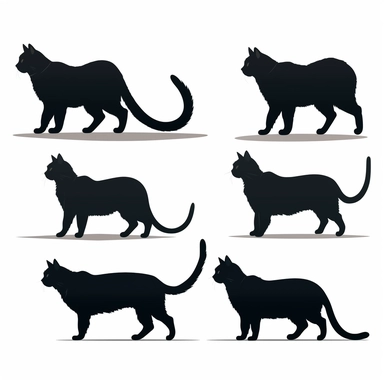 collection black cat in profile, walking, clipart, white background