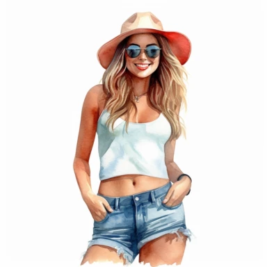 Solid white background, Detailed watercolor woman smiling, wearing a jeans hot pants, a tank top, sunglasses and a beach hat clipart